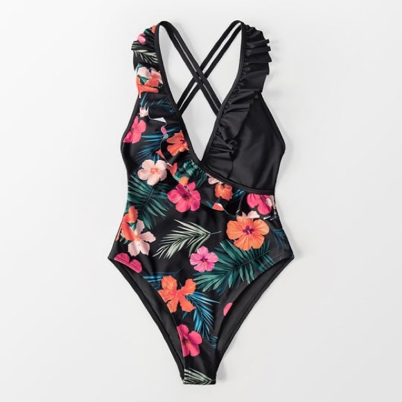 Cupshe one piece ruffle black floral swimsuit size L - Picture 2 of 8